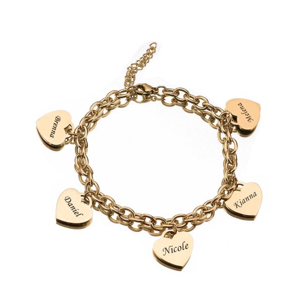 gold-5.jpg Personalized Heart Engraved Bracelet - With 1-5 Charms