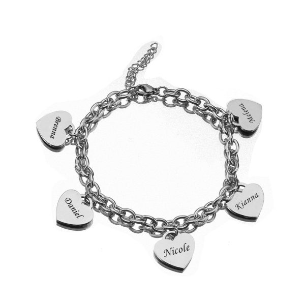 silver-5.jpg Personalized Heart Engraved Bracelet - With 1-5 Charms